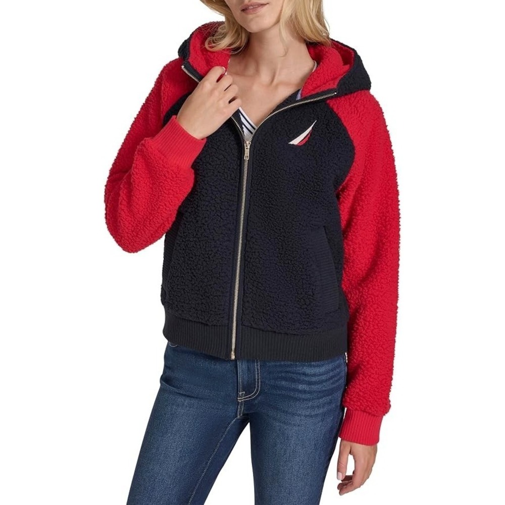 Nautica Women's Sherpa Color Blocked Zip-Up Soft Sherpa Jacket W/Hood (Large)